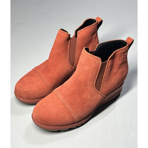 Sorel Joan of Arctic Suede Leather Chelsea Boots Womens 8 Orange Wedge Pull On